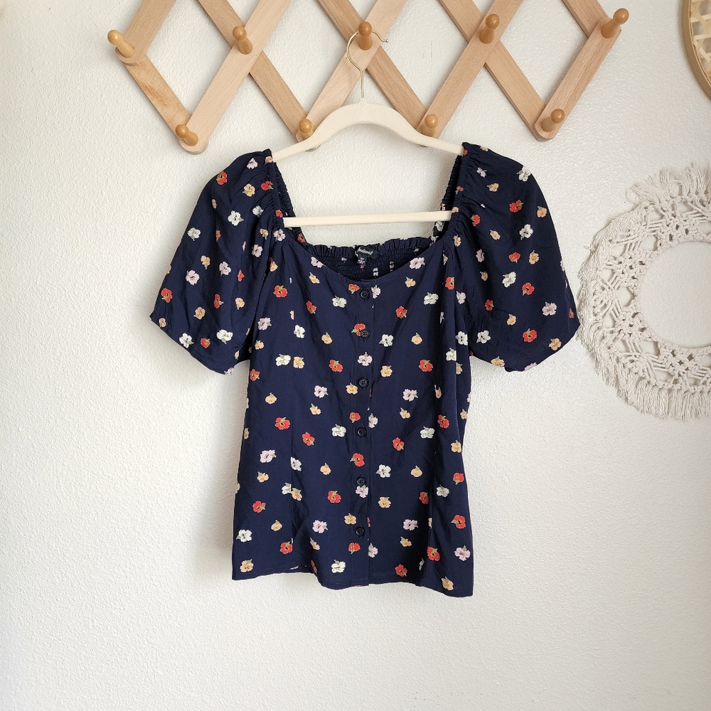 Madewell Navy Floral Puff Sleeve Button-Front Blouse
